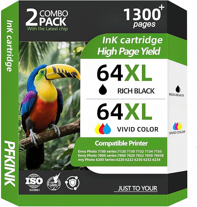 64XL Ink Cartridge Replacement for HP Ink 64, 64XL Ink Cartridge Combo Pack Works with Envy Photo 7855 7858 6252 6255 7800 7100 7155 7158 Tango Series Printer (1Black 1Color)