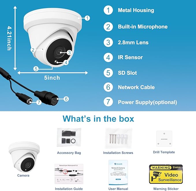 UNILOOK 5MP PoE IP Camera for Business, Turret Security IP Camera Outdoor with Mic/Audio, AI Human Motion Detection, 100FT IR Night Vision, IP66 Weatherproof, 2.8mm Lens, Full Metal, NDAA Complaint