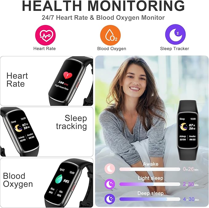 Fitness Tracker Step Counter with 24/7 Heart Rate Blood Oxygen Sleep Monitor, 1.47'' AMOLED Touch Color Screen Fitness Watch, Smart Watches for Women Men