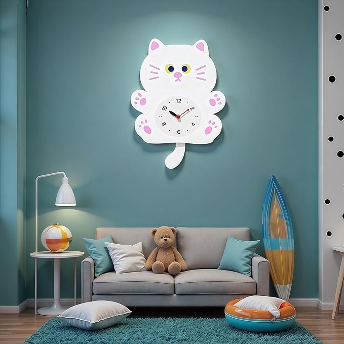 FASHION in THE CITY Adorable Cat Themed Swing Wall Clock - Silent Non-Ticking Pendulum Clock, Easy to Read Analog Clock for Cat Lovers, Nursery, Kitchen, Cute Home Decor Gift (YBZ001-White)