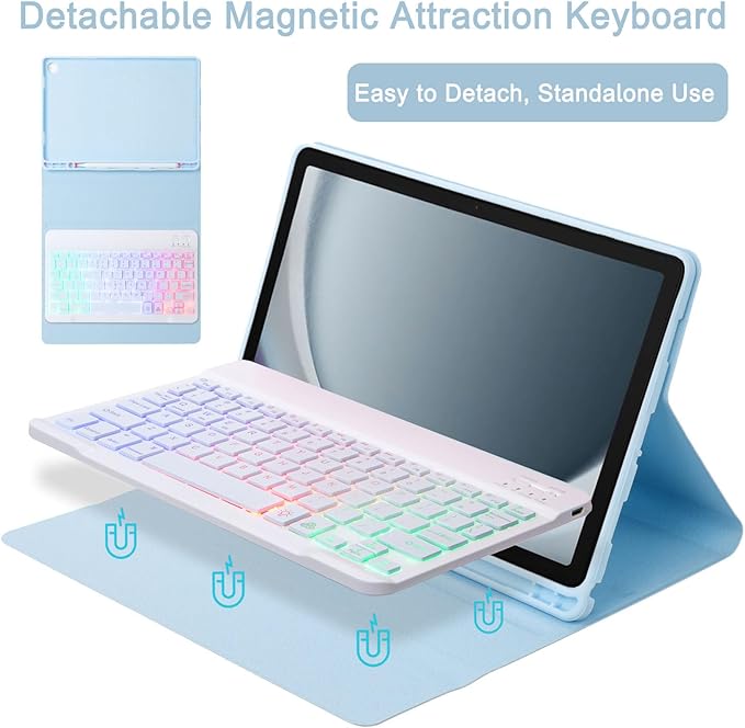 Keyboard Case for Samsung Galaxy Tab A9+/A9 Plus 11 Inch 2023 (SM-X210/X216/X218), Detachable Color Backlit Bluetooth Keyboard and Mouse, Slim Lightweight Stand Cover with Pen Holder (Blue)