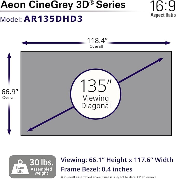 Elite Screens Aeon CineGrey 3D, 135" Fixed Frame CLR/ALR Projector Screen 16:9, Standard Throw Projection, Edge Free Ceiling & Ambient Light Rejecting, Wall-Mounted, for Movie Home Theater, AR135DHD3