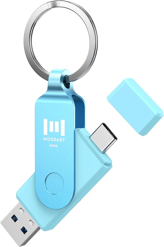 MOSDART 64GB USB3.1 Fast Speed C and A Dual Flash Drive, exFAT Memory Stick with Keychain and LED Indicator, for iPhone 15,16,17, Android Phone, iPad, MacBook, and Other Laptops, Sky Blue