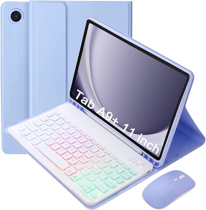 Keyboard Case for Samsung Galaxy Tab A9+/A9 Plus 11 Inch 2023 (SM-X210/X216/X218), Detachable Color Backlit Bluetooth Keyboard and Mouse, Slim Lightweight Stand Cover with Pen Holder (Purple)