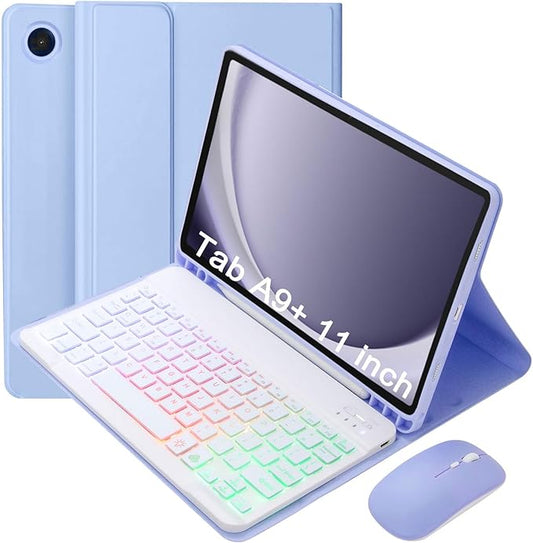 Keyboard Case for Samsung Galaxy Tab A9+/A9 Plus 11 Inch 2023 (SM-X210/X216/X218), Detachable Color Backlit Bluetooth Keyboard and Mouse, Slim Lightweight Stand Cover with Pen Holder (Purple)