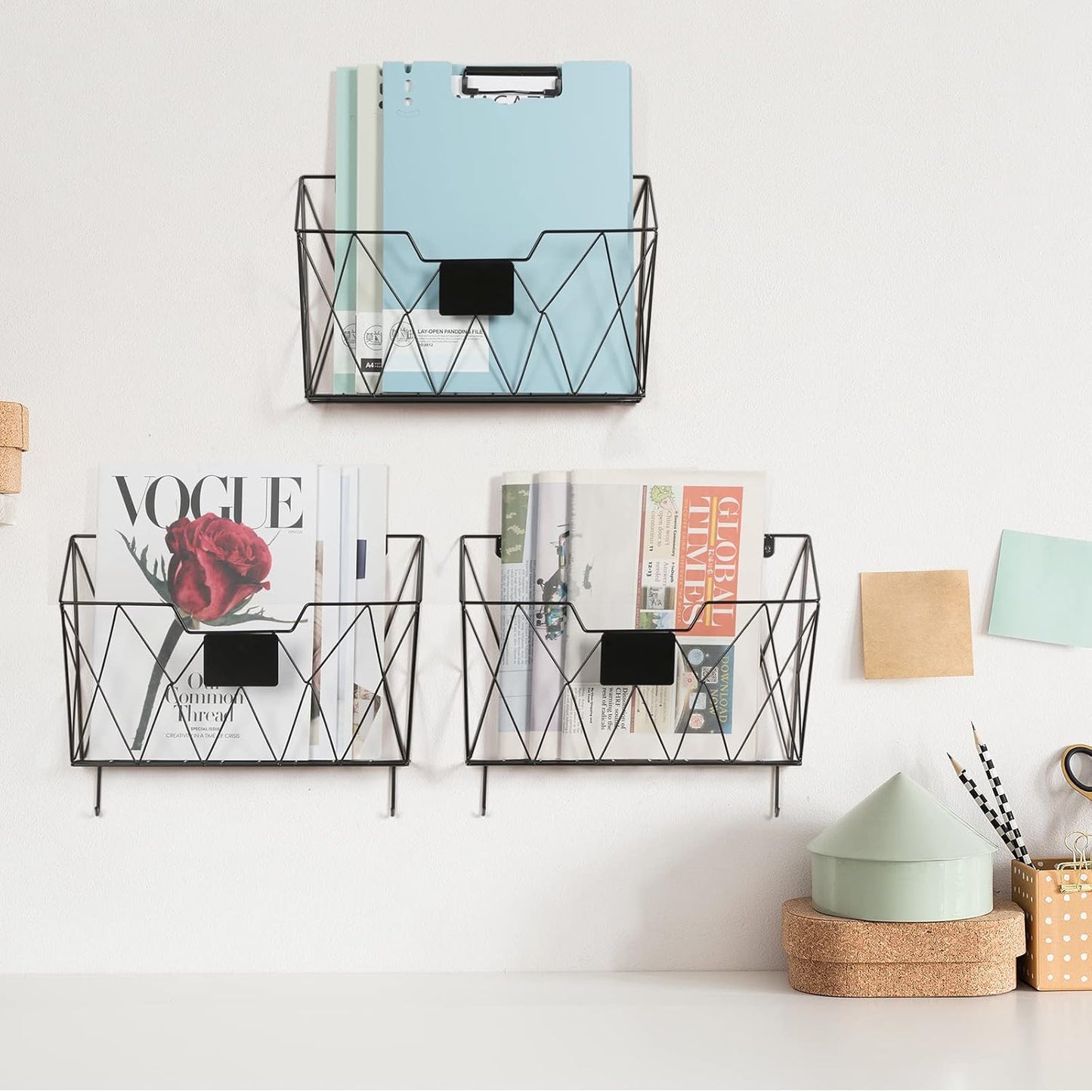 Hanging Wall File Holder Wall Mount Metal Wall File Organizer 3 Pockets Mail Organizer with Hooks for Office Home,Black