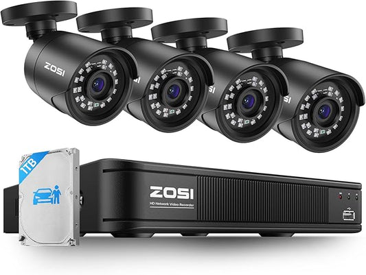 ZOSI 5MP 3K Lite CCTV Security Camera System with AI Human Vehicle Detection, 8CH H.265+ DVR and 4 x 1080p Surveillance Bullet Cameras Outdoor Indoor, 100ft Night Vision, IP66 Weatherproof, 1TB HDD