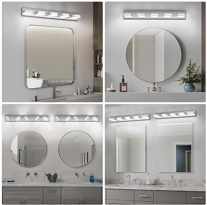 Modern LED Bathroom Lights Fixtures(5-Light),Stainless Steel Chrome Acrylic Wall Lighting,Vanity Lights for Bathroom Over Mirror(6000k 34in)