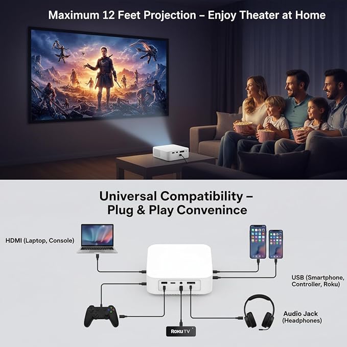 BOSS A5 Portable Projector | 1920×1080 Full HD | 4000 Lumens | Android OS, Wi-Fi & Bluetooth | HDMI, USB, Remote | Ceiling & Floor Mount | 12ft Screen |