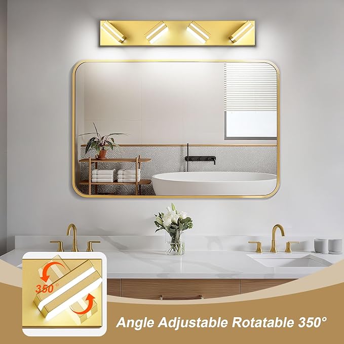 Modern LED Bathroom Lights Fixtures(4-Light),Metal Gold Acrylic Wall Lighting,Vanity Lights for Bathroom Over Mirror(6000k 27in)