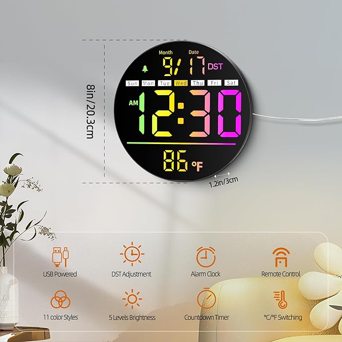 Digital Wall Clock, 8'' Round Digital Clock with Large Display, 11RGB Colors,Remote Control, Auto-Brightness,Temperature,DST,Night Light, Alarm, Count Down Timer for Classroom/Bedroom/Office