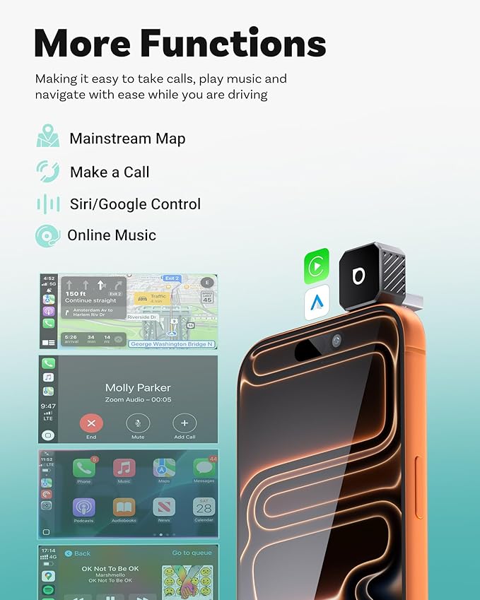 OTTOCAST Mini 3.0 Black 2-in-1 Wireless CarPlay & Android Auto Adapter – Plug & Play for iPhone/Android, Dual-Phone Memory, Dual-Band WiFi (2.4/5GHz), Auto-Reconnect