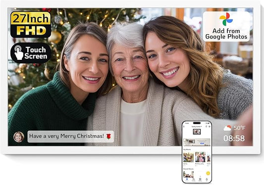 NexFoto 27 Inch Touchscreen Digital Picture Frame, FHD WiFi Photo Frame Electronic 64GB, Add Photos from Google Photos, Upload Videos via APP/USB, Gifts for Christmas/Mom/Grandparents, White
