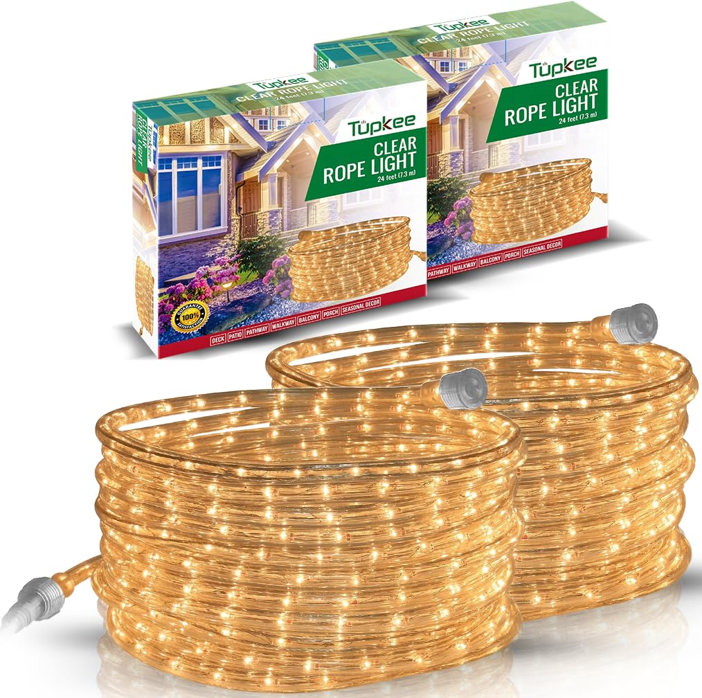 Tupkee Rope Light - 24 Feet, Warm Clear, 10MM Diameter, 288 Incandescent Bulbs, Indoor/Outdoor, Model RL-24-C2, Pack of 2