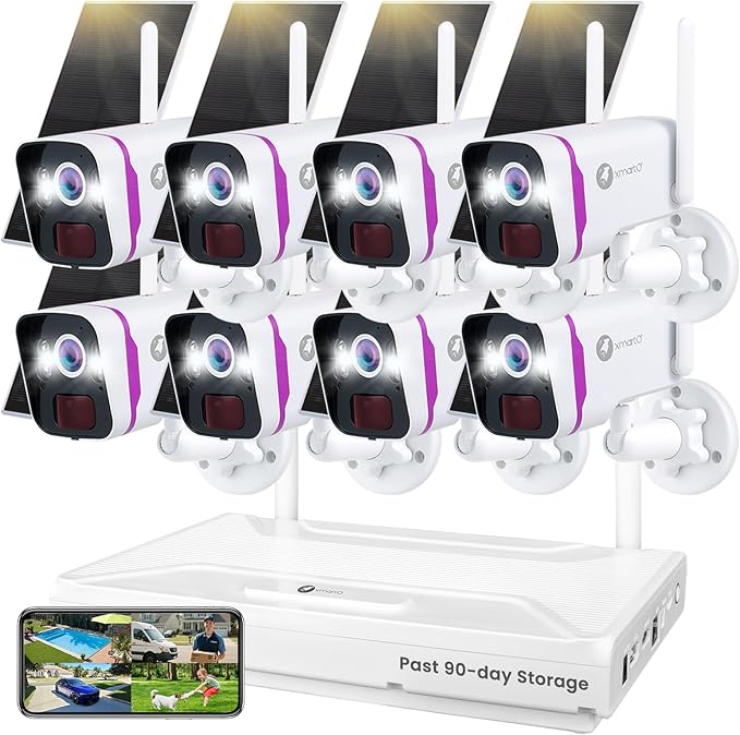 XMARTO Solar Security Cameras Wireless Outdoor, WiFi6 NVR with 64GB Micro SD Card, 8 PCs 4MP QHD Home Security Camera System with 10CH Expandable NVR, 120 Days Local Storage, All-Weather Solar Charge