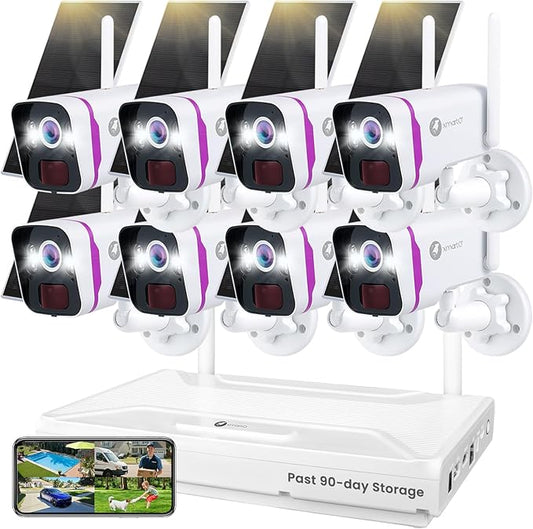 XMARTO Solar Security Cameras Wireless Outdoor, WiFi6 NVR with 64GB Micro SD Card, 8 PCs 4MP QHD Home Security Camera System with 10CH Expandable NVR, 120 Days Local Storage, All-Weather Solar Charge