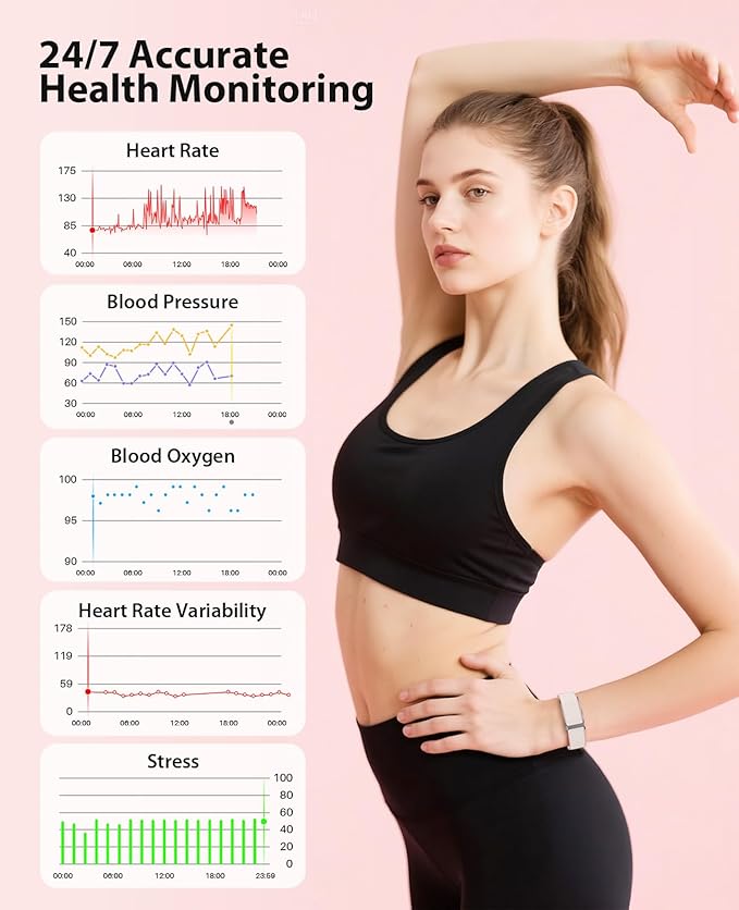 Smart Bracelet, Wearable Activity & Fitness Tracker Band, 24H Sleep Tracker, All-Day Continuous Heart Rate Blood Pressure Stress HRV Monitor, 173 Sport Modes Smart Wristband with 2 Bands, Free APP