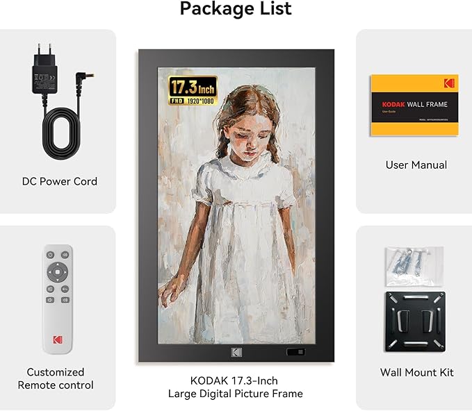 KODAK 17.3" X-Large WiFi Digital Picture Frame - 1920x1080 FHD IPS Display with 32GB Storage, Auto-Rotate, Remote Control, Wall Mountable, Compatible with Alexa, for Family