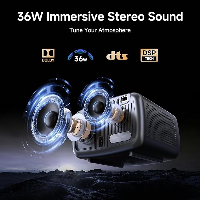 [2500 ANSI/Auto Focus/Built-in APPS] Smart Projector 4K with WiFi 6 and Bluetooth 5.3, 6D Keystone Outdoor Movie Projector with Netflix& 36W Dolby Audio Plus HDR10+ Home Theater Ceiling 2025 Upgraded