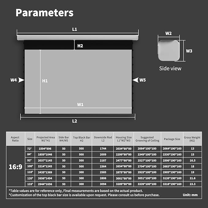 QuadraArc Motorized Drop Down Projector Screen 16:9 Gray Fabric, Wall & Ceiling Mount, Electric Pull Down Screen with Remote Control, Compatible with All Projectors 110"