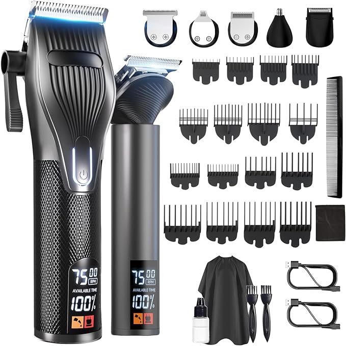 Hair Clippers for Men, Professional Cordless Hair Cutting and Trimmers Set with 7500RPM Powerful Motor & LCD Display, Mutil Function Mens Electric Hair Grooming Shaver Kit for Nose, Face, Body, Beard
