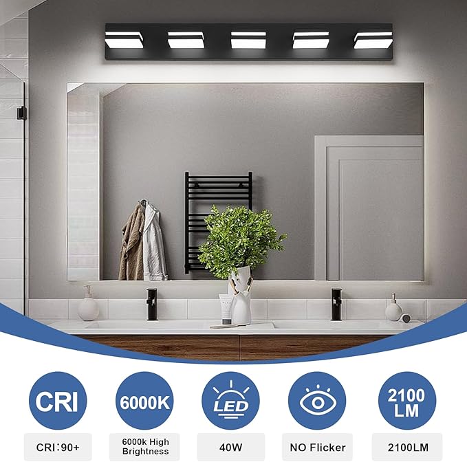 Modern LED Bathroom Lights Fixtures(5-Light),Metal Black Acrylic Wall Lighting,Vanity Lights for Bathroom Over Mirror(6000k 34in)