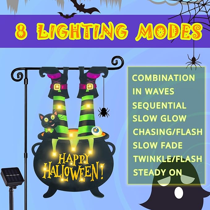 Halloween Lighted Garden Flag for Outside, Witch Feet Shape Flag Yard Decor, 8 Modes Double Sided Cauldron Eyeball Black Cat Outdoor Hlloween Decorations for Home Porch (Warm White-28x40)