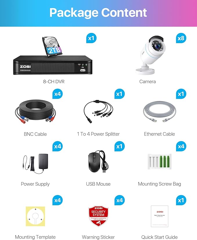 ZOSI 1080P H.265+ Home Security Camera System with AI Human Vehicle Detection, 5MP 3K Lite 8 Channel CCTV DVR Recorder with 2TB Hard Drive and 8 x 1080p Surveillance Bullet Camera Outdoor Indoor