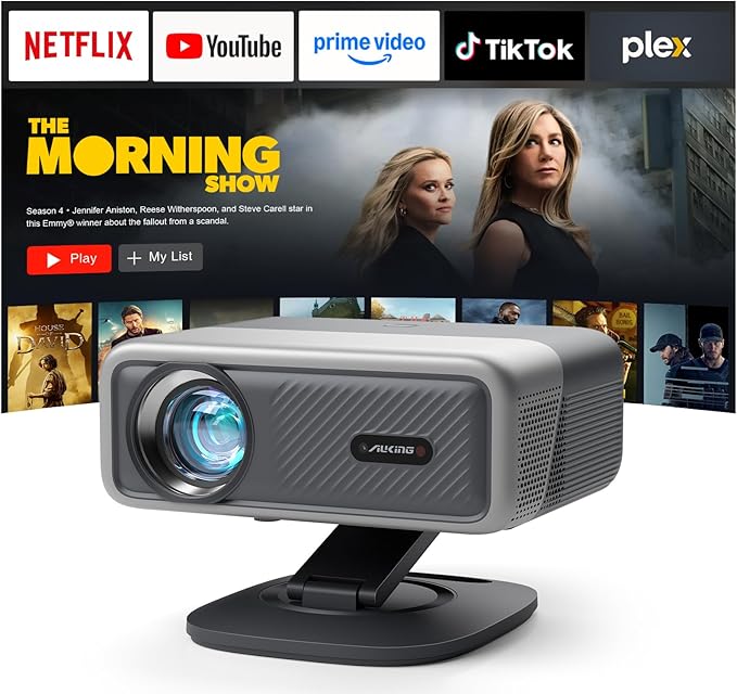 [2200ANSI & Officially-Licensed APP] 4K Projector with WiFi and Bluetooth,3D Dolby Audio and Auto Focus Smart Projector, AuKing Outdoor Movie Home Theater Proyector with Omni-Adjustable Stand