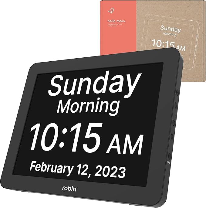 Robin Clock with Day and Date for Elderly, Clocks for Seniors, Dementia Clock, Digital Calendar Clock Elderly Bedside Clocks Seniors Alzheimers Products Dementia Clocks Seniors Extra Large, Black 12"