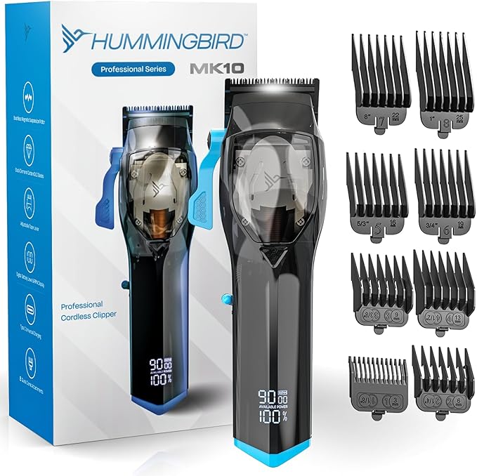 HUMMINGBIRD MK10 Pro Series Hair Clippers – 9,000 RPM Brushless Motor, DLC Blade, Cordless USB-C Rechargeable, Super Torque, Professional Barber Clippers, Haircut Kit, Includes Barber Cape & Comb