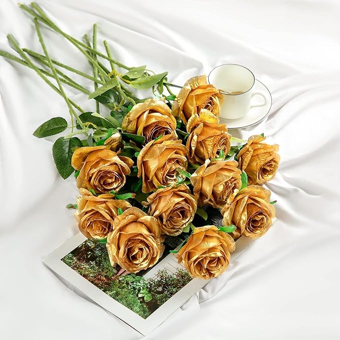 Gold Fake Roses Artificial Flowers - 16 Pcs Fake Artificial Roses Silk Flowers with Stems for Home Wedding Hotel Office Centerpiece Decor
