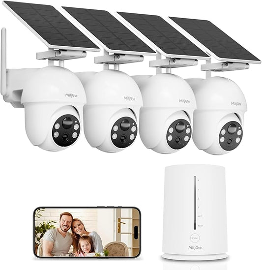 Solar Security Cameras Wireless Outdoor 4-Cam Kit 2K/3MP Cameras for Home Security with 64GB SD Card 360° Auto Tracking Color Night Vision Cam-to-Cam Sync 2.4/5Ghz WiFi No Subscription Siren Alarm