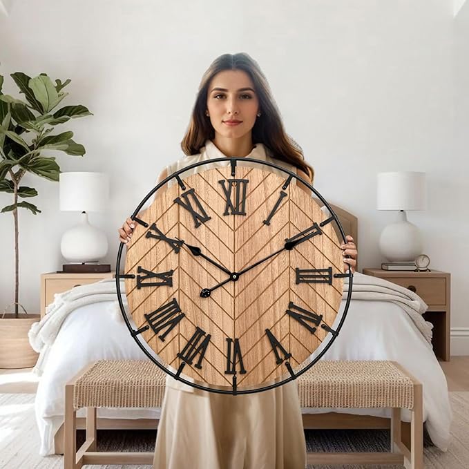 24 Inch Large Wooden Wall Clock – Extra Large FarmhouseWall Clock with 3D Roman Numerals & Herringbone Splicing, Brown Modern Wood Wall Clock for Living Room