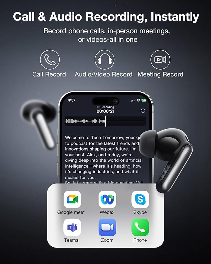 RecDot AI Voice Recorder Earbuds, viaim AI Meeting Assistant with Transcription, 78 Languages, FlashRecord, to-Do Lists & Summaries with viaim AI, 48dB ANC for Meetings, Interviews & Lectures, Black