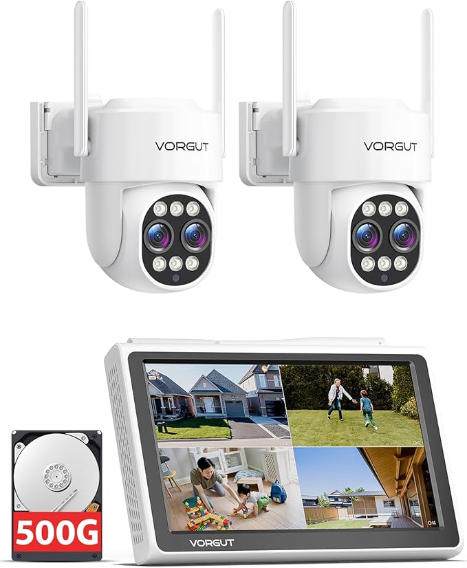 Security Camera Wireless Outdoor System with Monitor, 2pcs Dual Lens 10X Optical Zoom PTZ Cameras for Home Surveillance, Color Night Vision, Auto Tracking, Human Detection, 10CH NVR, 500GB HDD
