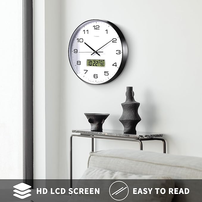 Wall Clock, 14" Large Dial Non-Ticking Silent Battery Operated Analog with LCD Display for Perpetual Calendar and F° Temperature, Ideal Modern Home, Bedroom, Office Decor (Black)