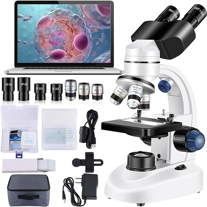 Microscope for Adults WF10x and WF25x eyepieces, 40X-2000X Magnification USB Camera, Microscope for Adults Suitable for Laboratory School Home Education.