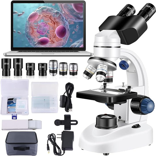 Microscope for Adults WF10x and WF25x eyepieces, 40X-2000X Magnification USB Camera, Microscope for Adults Suitable for Laboratory School Home Education.