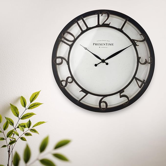 Presentime & Co 13" Farmhouse Series Wall Clock, Vintage Style, Retro Clock, Silent No Ticking, Raised 3D Arabic Numeral, Oil Rubbed Bronze Finish.