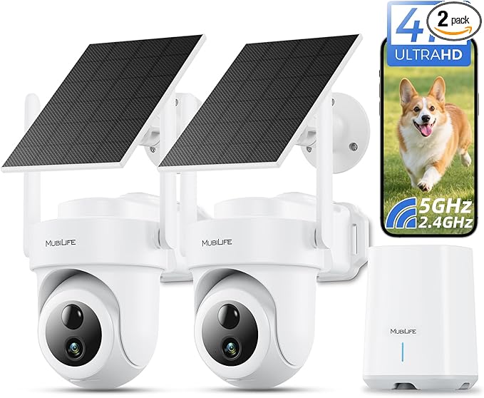 MUBILIFE 4K Security Cameras Wireless Outdoor, No Subscription, 8MP Solar Powered Cameras for Home Security, 64GB Local Storage, AI Auto Tracking, Color Night Vision, 2.4&5GHz WiFi, 2-Cam Kit