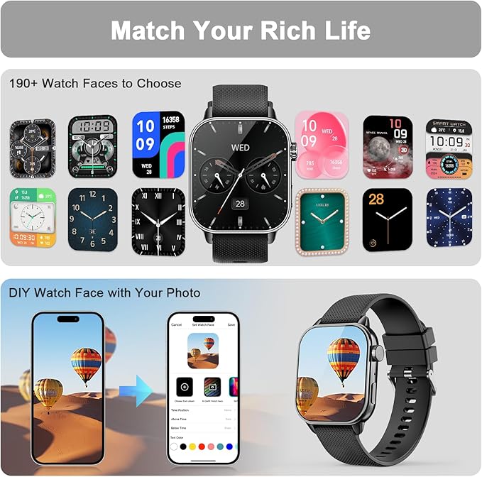 Smart Watch for Men Women, 1.85'' AMOLED HD Fitness Watch with 120+ Sports Modes, Bluetooth Call/Heart Rate/Sleep Monitor/Pedometer, Smartwatch for Android iOS, IP68 Waterproof, Black