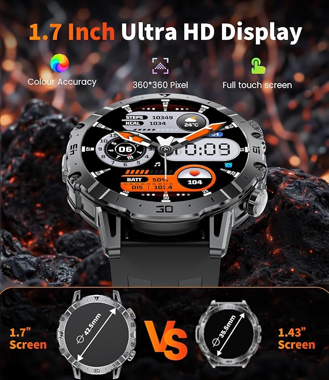 LIGE Smart Watches for Men 1000mAh Battery/LED Flashlight/3 Straps, 1.7" Ultra HD Screen Outdoor Smartwatch with 111 Sports Modes, Bluetooth Call 5ATM Waterproof Fitness Tracker Android iOS,Silicone