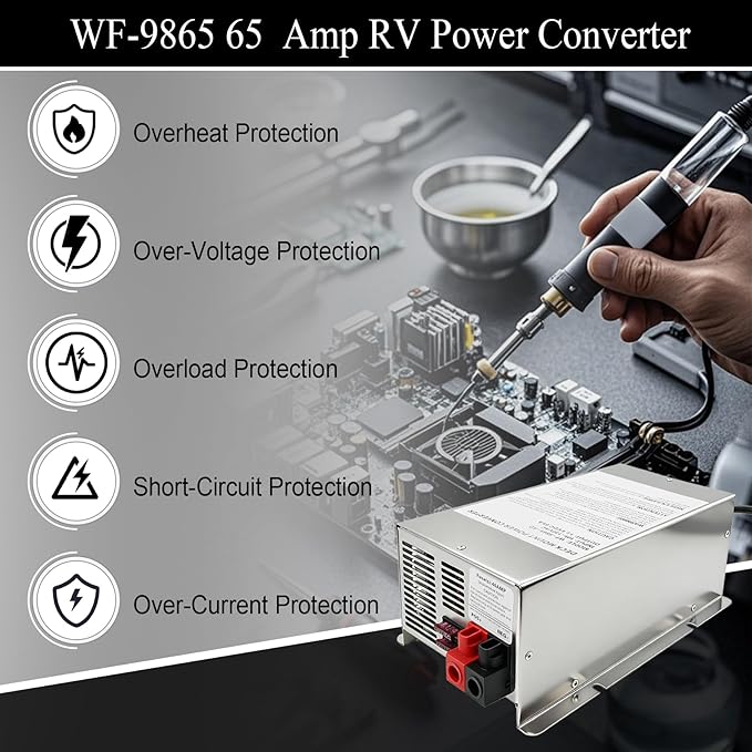 WF-9865 65 Amp RV Power Converter – 3-Stage Smart Charging, Direct Replacement for 9800 Series, RV Power Converter Compatible with RV Trailers & Campers