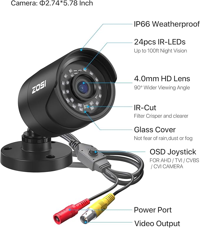 ZOSI 2MP 1080p HD Home Security Camera Outdoor Indoor (Hybrid 4-in-1 HD-CVI/TVI/AHD/960H Analog CVBS), 1920TVL Bullet Camera, 100ft Night Vision, 90° Wide Angle, Weatherproof Surveillance CCTV Camera