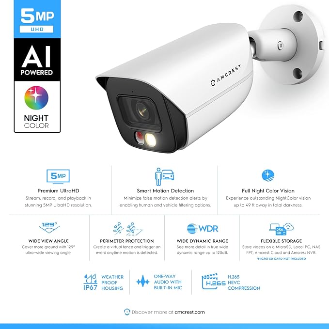 Amcrest 2-Pack 5MP IP PoE AI Camera w/ 49ft Color Night Vision, Security Outdoor Bullet Camera, Built-in Microphone, Human & Vehicle Detection, 129° FOV, 5MP@20fps 2PACK-IP5M-B1276EW-AI (White)