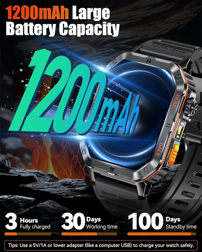 Military Smart Watch for Men, 2.01'' Fitness Tracker with 1200mAh Long Battery Life, Bluetooth Calls, Flashlight, IP68 Waterproof, Heart Rate/Sleep Tracking, 100+ Sports Modes for Android iPhone