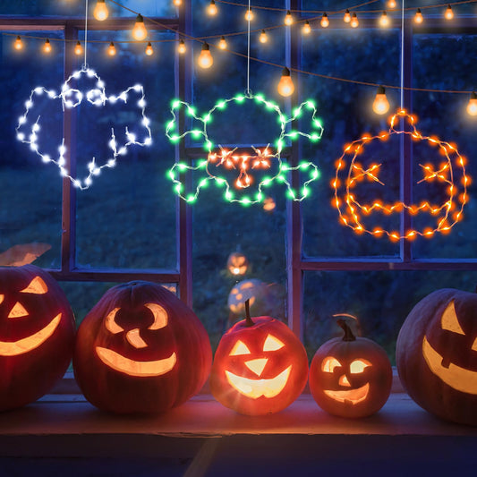 Veeydrut Halloween Decorations Lights, 3 Packs, USB/Battery Powered, Remote Control, Multicolor, Skull & Ghost Design