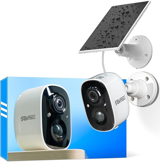 SOVMIKU CG6 Best Solar Security Camera Wireless Outdoor, Battery Powered Cam, Easy to Setup,PIR Motion Detection, Two Way Audio, Audible Flashlight Siren,2.4GHz Wi-Fi, Color Night Vision, SD Slot