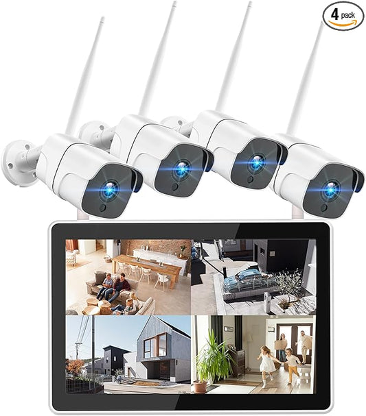Wireless Security Camera System with 12" Monitor &500GB HDD, 8CH NVR Security Camera System Wireless Outdoor with 4pcs WiFi Cameras, Night Vision 24/7 Recording (500GB HDD+4cam+12" Monitor)